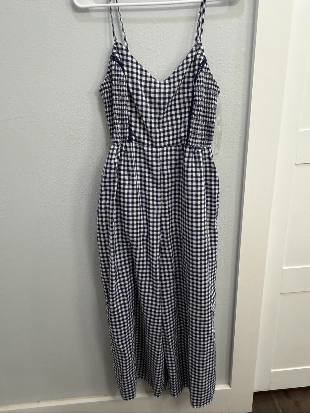 Navy and White Gingham Spaghetti-Strap Jumpsuit